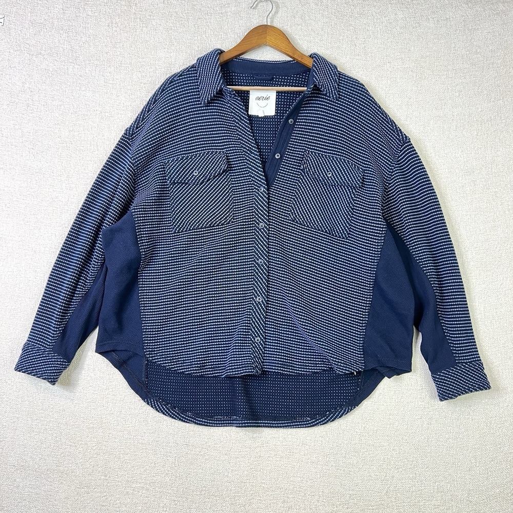 Aerie Lumberjane Waffle Knit Button Up Shirt Blue Thermal Oversized Size L